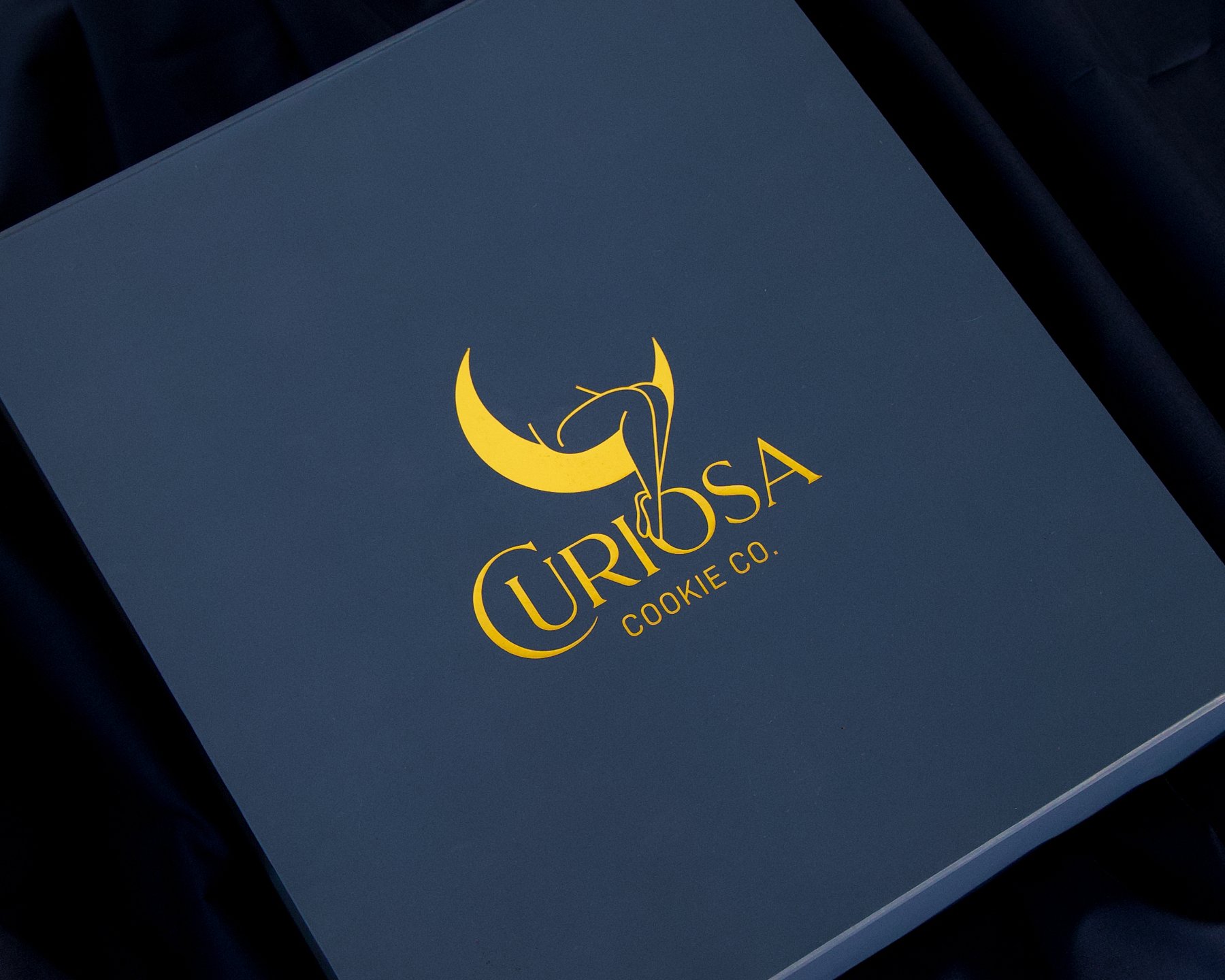 A slate blue Curiosa gift box with the gold foil moon logo, resting on dark fabric